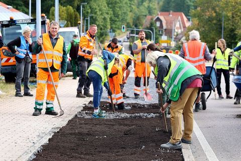 Menschen die ein Beet vorbereiten
